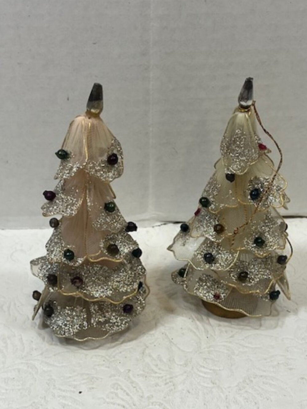 Two Antique Pink & White Tulle Mesh Christmas Tree Tabletop Decor GlassBalls  5"